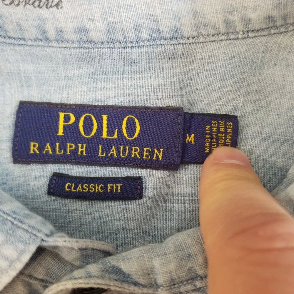 Polo Ralph Lauren Shirt Mens M Blue Denim Embroidered Eagle Brave American Flag
